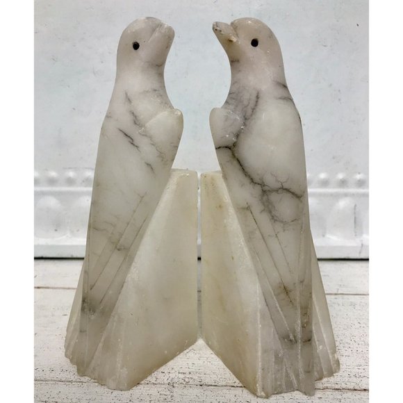 Vtg Art Deco Italian Alabaster Stone Parrot Bird Antq Hand Carved Bookends Luck - Picture 2 of 15